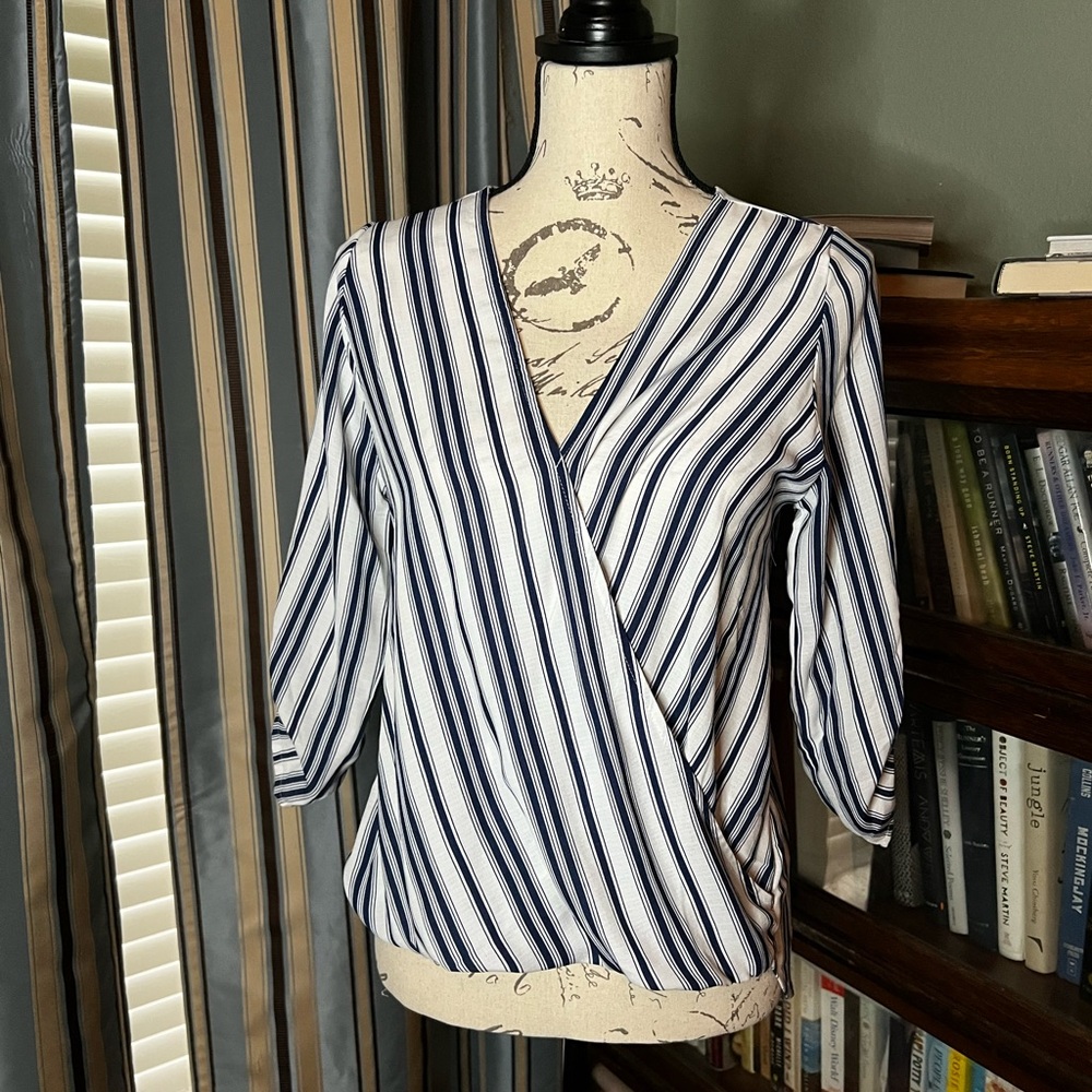 Super Cute Navy and White Wrap Detail Shirt